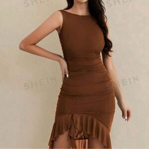 SHEIN High Low Brown Ruched Dress